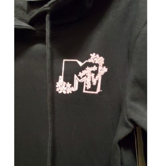 NWT MTV Skeleton & Floral Graphic Black Hoodie Sweatshirt Sz XS Goblincore Goth - Picture 6 of 10